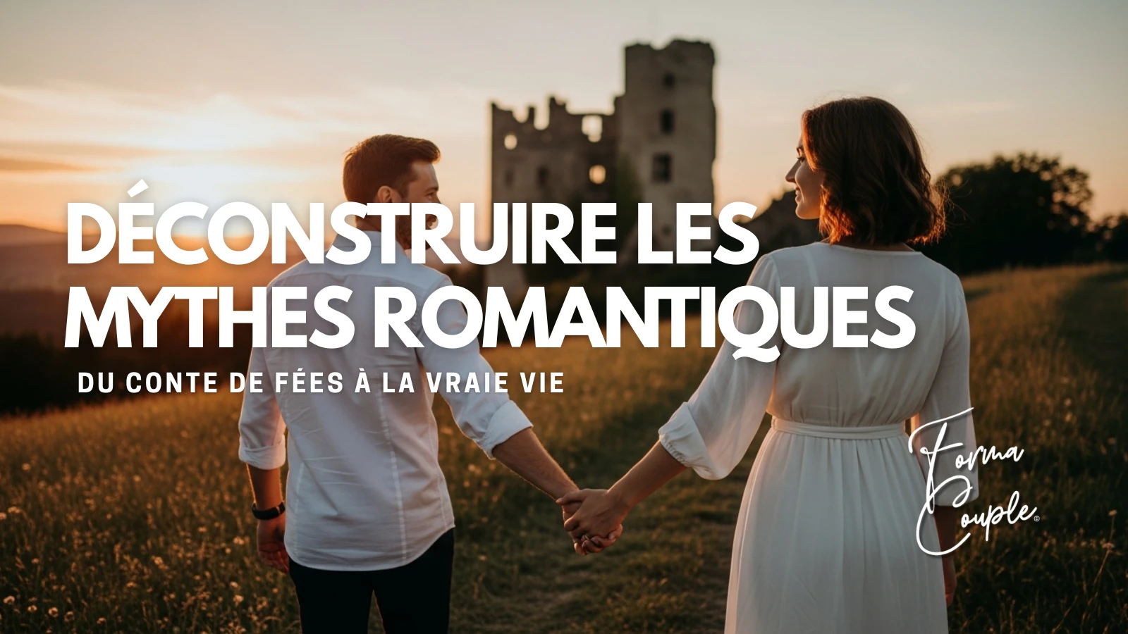 Un couple se tenant la main et se regardant, avec un château de conte de fées en arrière-plan, illustrant la déconstruction des mythes pour une relation authentique.