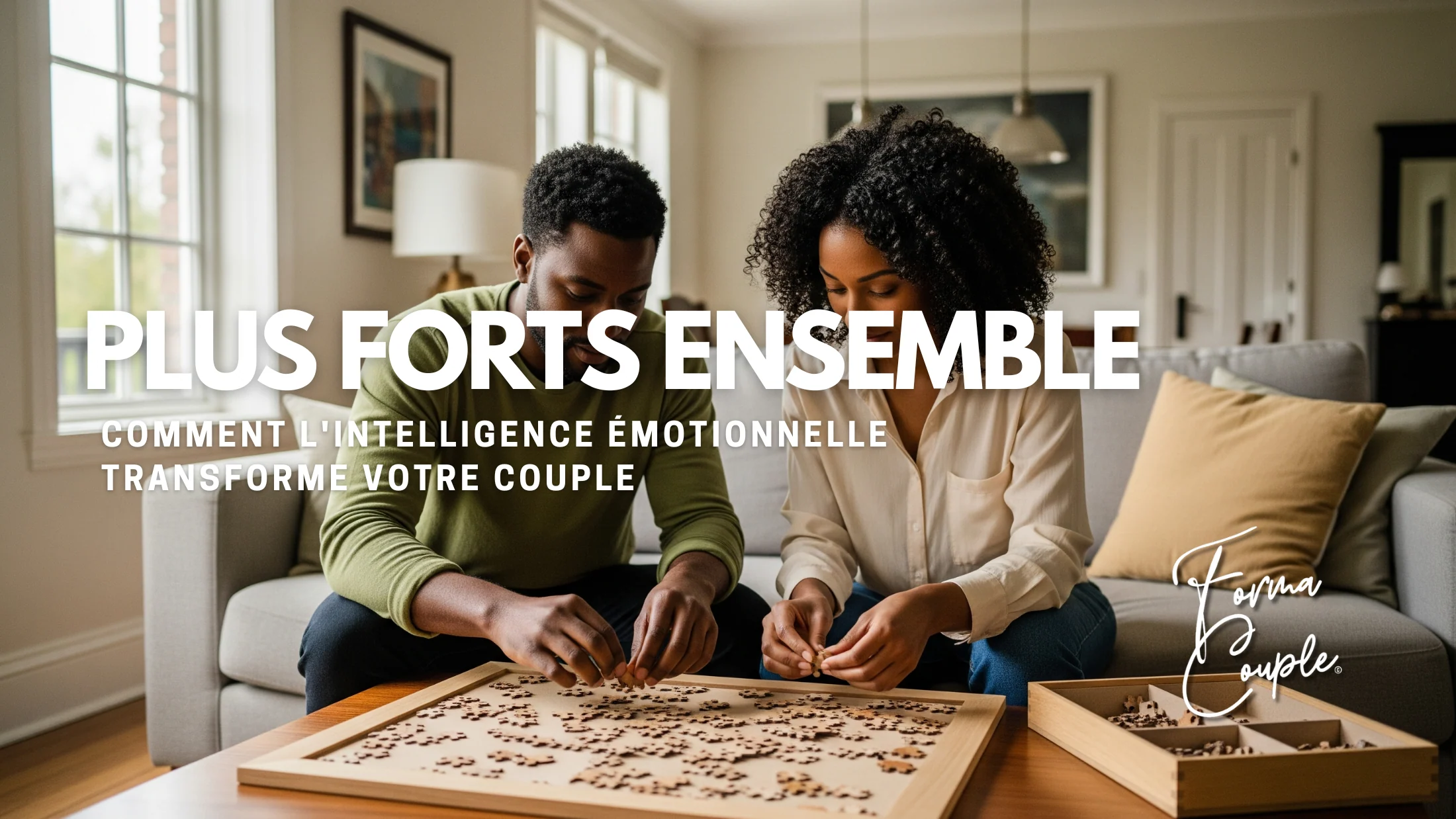 Un couple est assis sur un canapé, collaborant avec concentration pour assembler un puzzle en bois, symbolisant la construction de leur intelligence émotionnelle à deux.