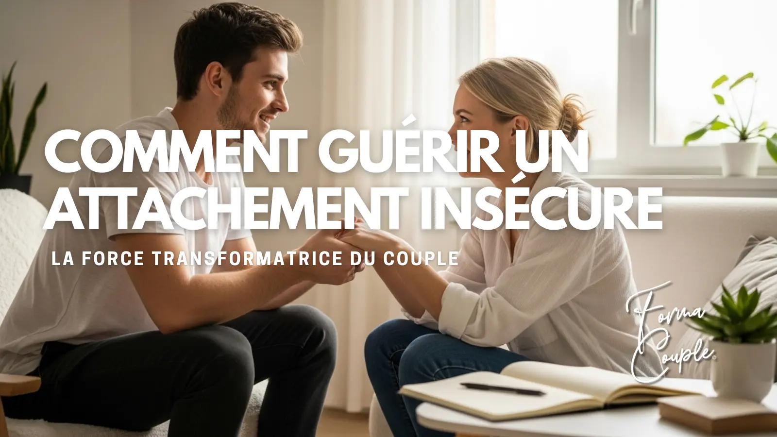 Un couple se regarde avec bienveillance, se tenant les mains sur un canapé, symbolisant la guérison de l'attachement insécure grâce à la force de la relation.