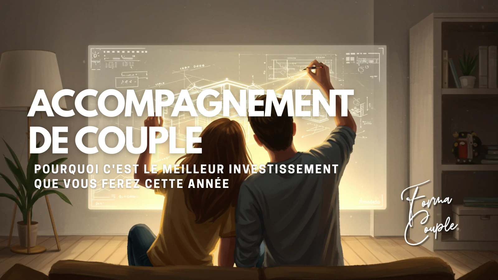 Un couple assis collabore sur un plan architectural lumineux d'une maison, symbolisant l'investissement et la construction de leur avenir commun grâce à l'accompagnement.