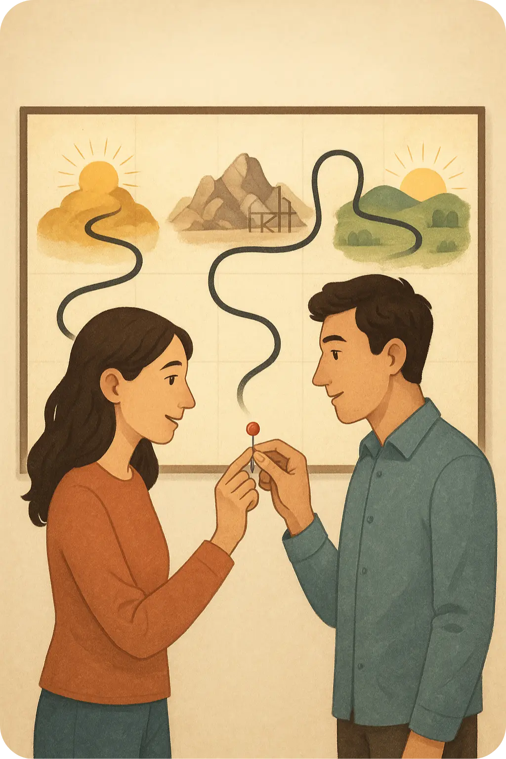 Un couple examinant une carte de leur dynamique relationnelle, illustrant l'outil d'auto-diagnostic pour identifier leur phase.
