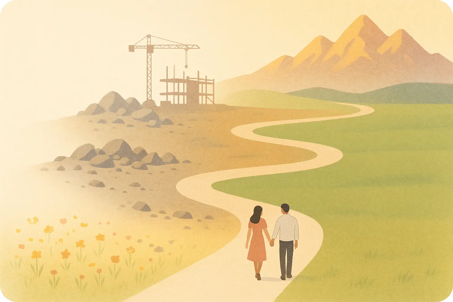 Un couple regardant un chemin sinueux qui traverse un paysage, symbolisant le parcours d'une relation amoureuse.