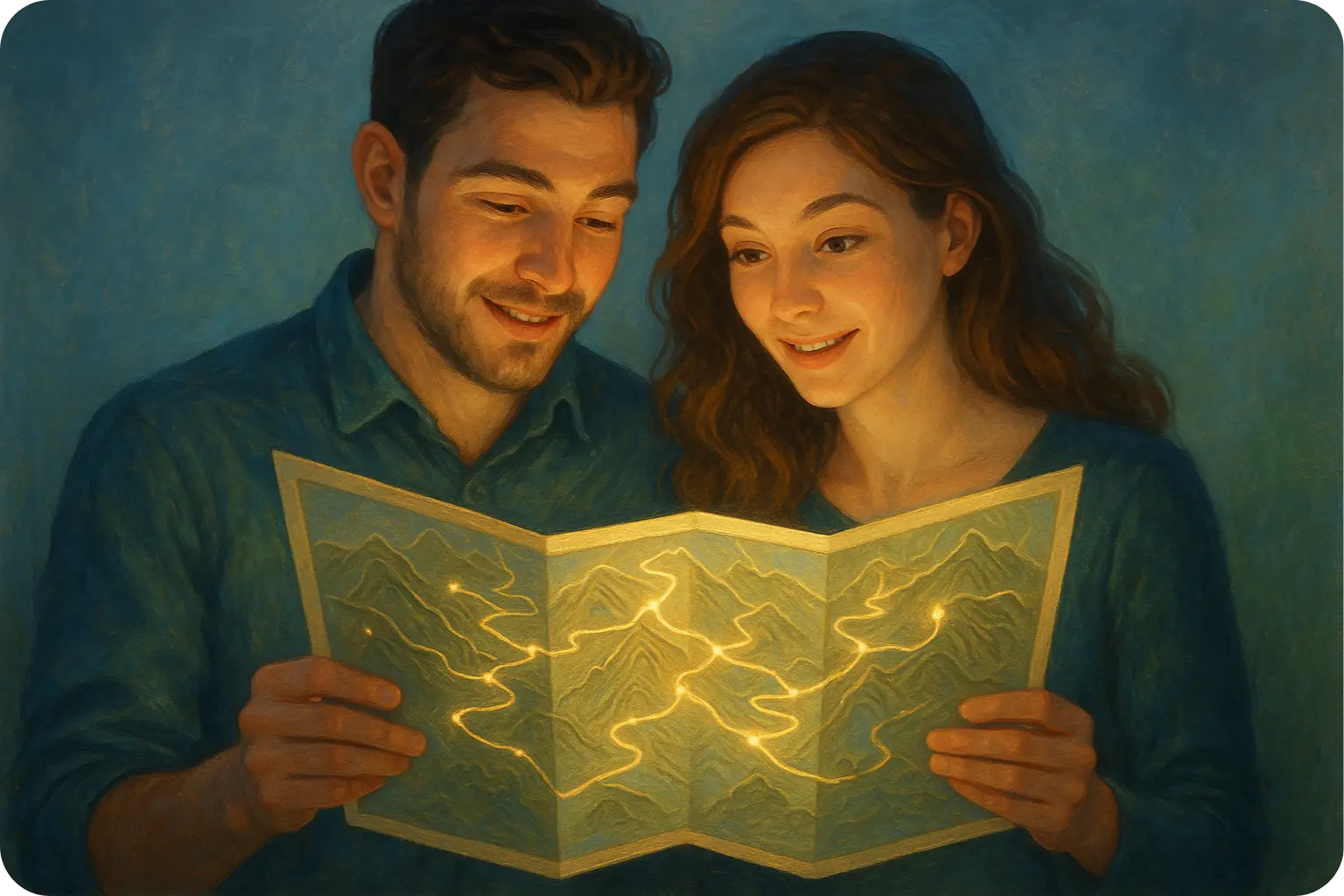 Un couple dans l'obscurité, illuminé par une carte routière qu'ils consultent ensemble, symbolisant la recherche de conseils.