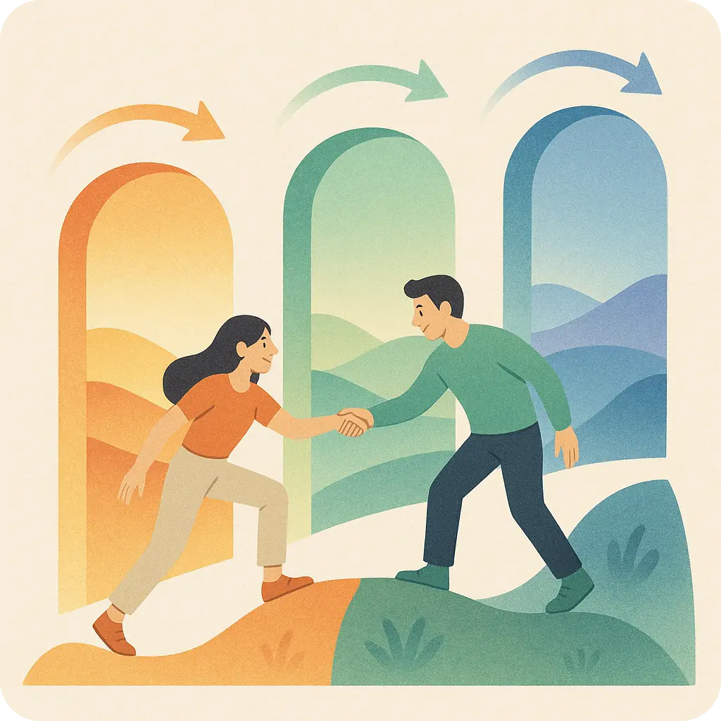 Un couple s'entraidant pour passer à travers une série d'arches colorées, représentant la navigation entre les phases de la relation.