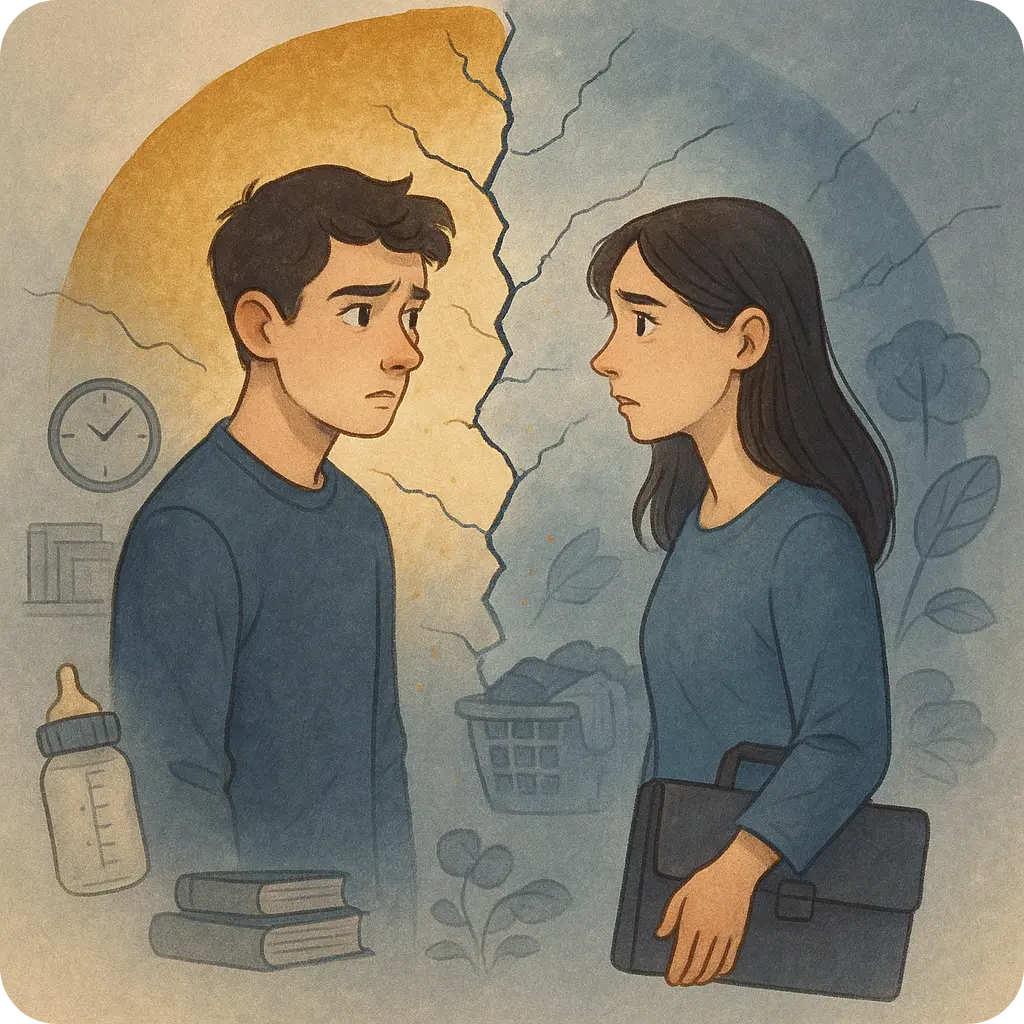 Le reflet d'un couple se regardant à travers une fissure, illustrant la fin de l'illusion et l'apparition des premières difficultés.