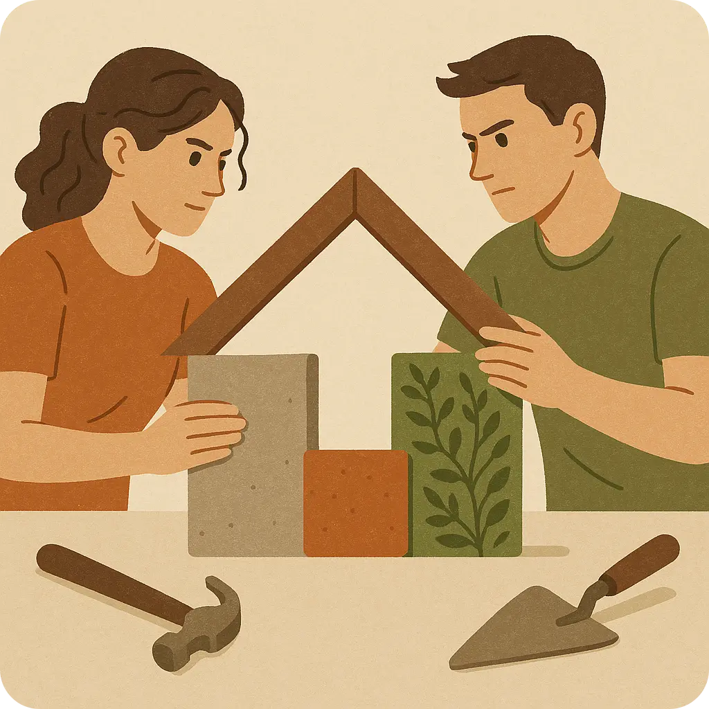 Un couple construisant ensemble les murs d'une maison, symbolisant la reconstruction active et consciente de la relation.