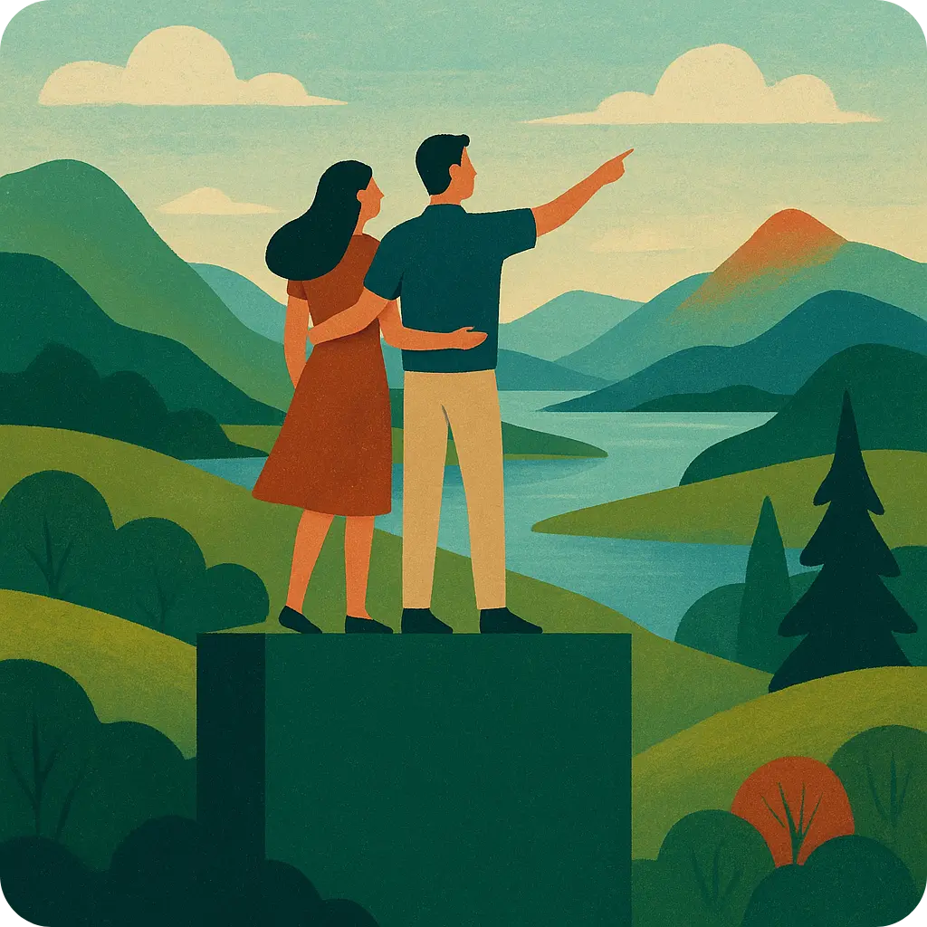 Un couple debout sur un promontoire stable, contemplant un paysage serein, représentant la sécurité d'un amour mature.