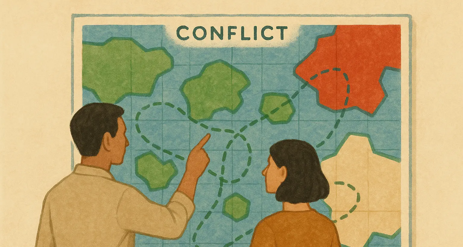Un couple étudiant une grande carte murale intitulée 'Conflit', symbolisant l'exploration stratégique des désaccords.