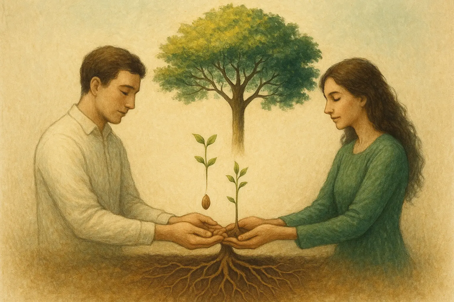 Un couple nourrissant ensemble une plante qui grandit, symbolisant les trois niveaux de transformation d'un conflit.