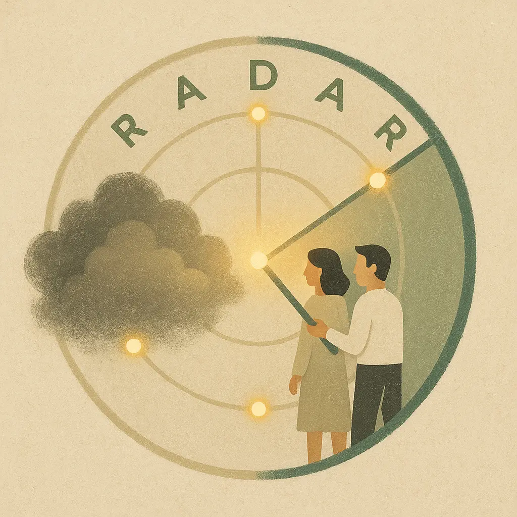 Un couple protégé sous un radar conceptuel qui détecte un nuage de conflit, illustrant les 5 étapes du protocole.