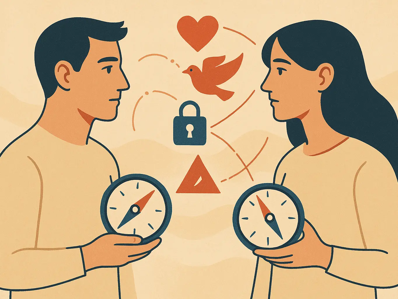 Un homme et une femme tenant chacun une boussole pointant dans une direction opposée, symbolisant un conflit de valeurs.