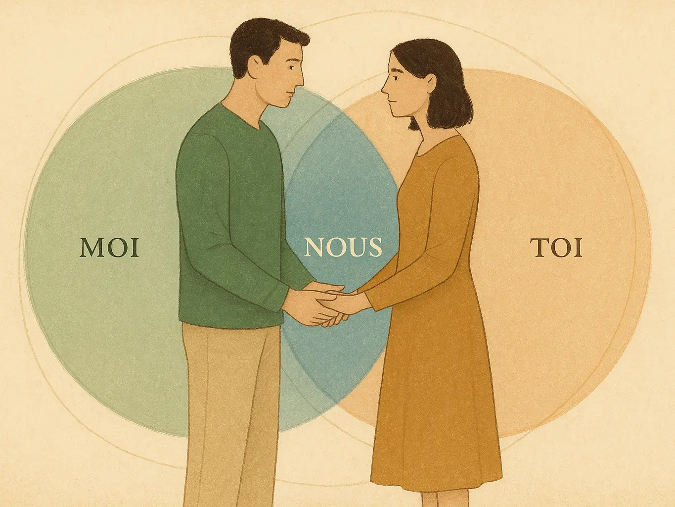 Un couple se tenant la main au centre de deux cercles qui se chevauchent, représentant la négociation des espaces 'moi', 'toi' et 'nous'.