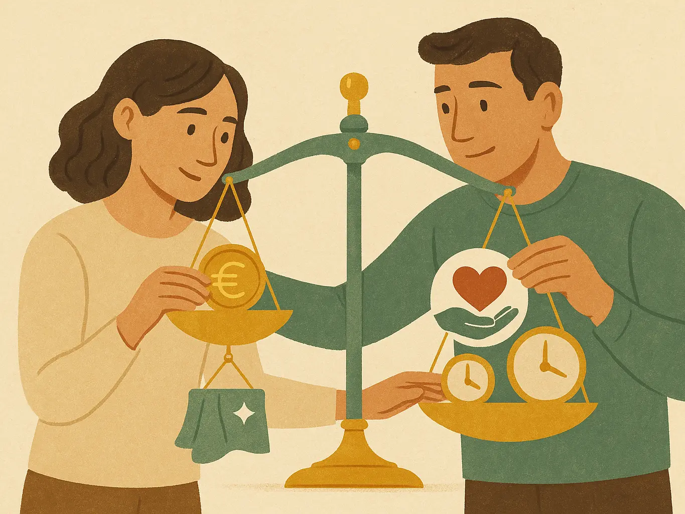 Un couple ajustant une balance pour équilibrer les contributions au foyer, illustrant le conflit sur l'équité perçue.