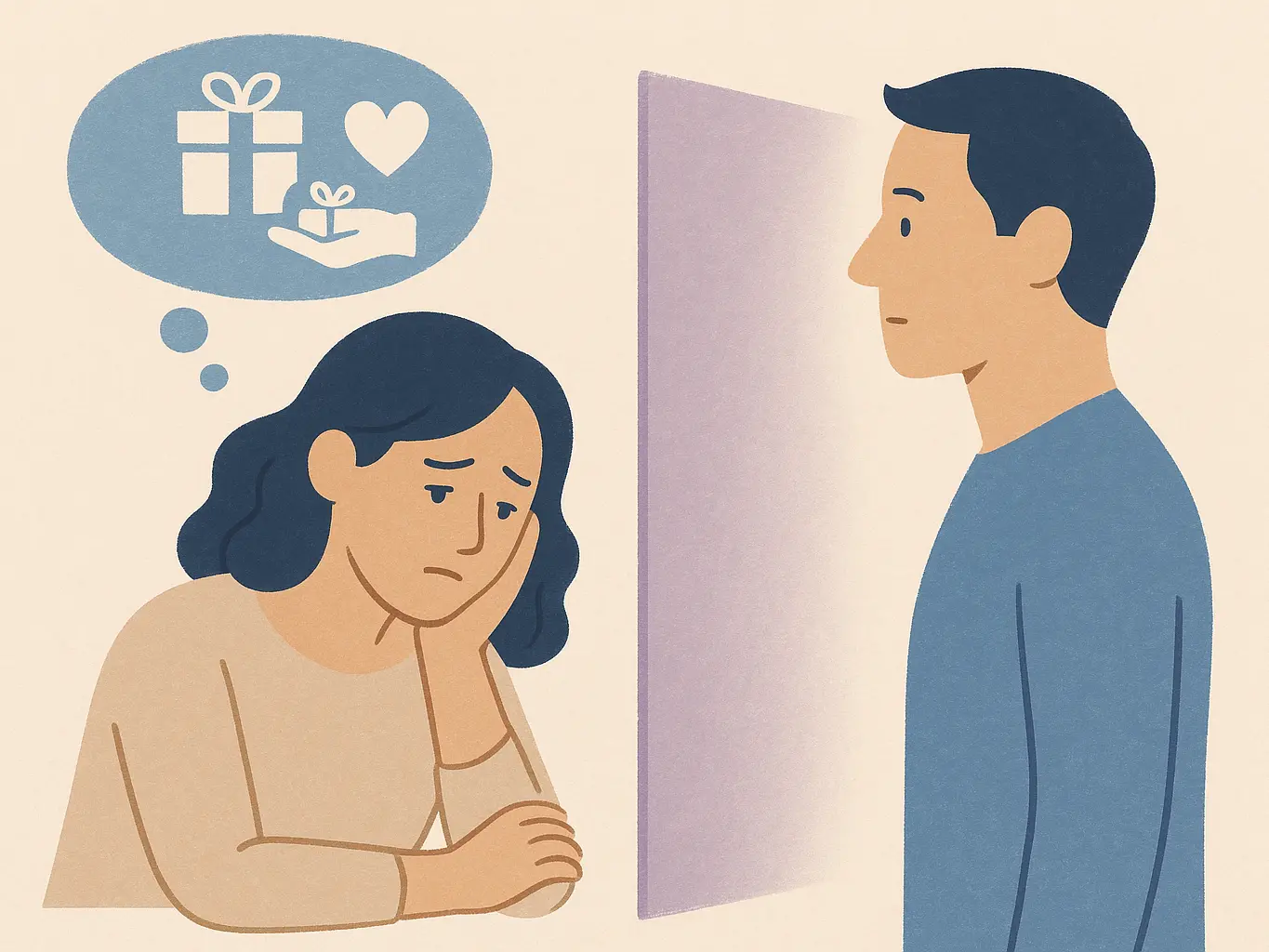 Une femme déçue par ses attentes romantiques non comblées, face à un homme qui semble ignorant du problème.