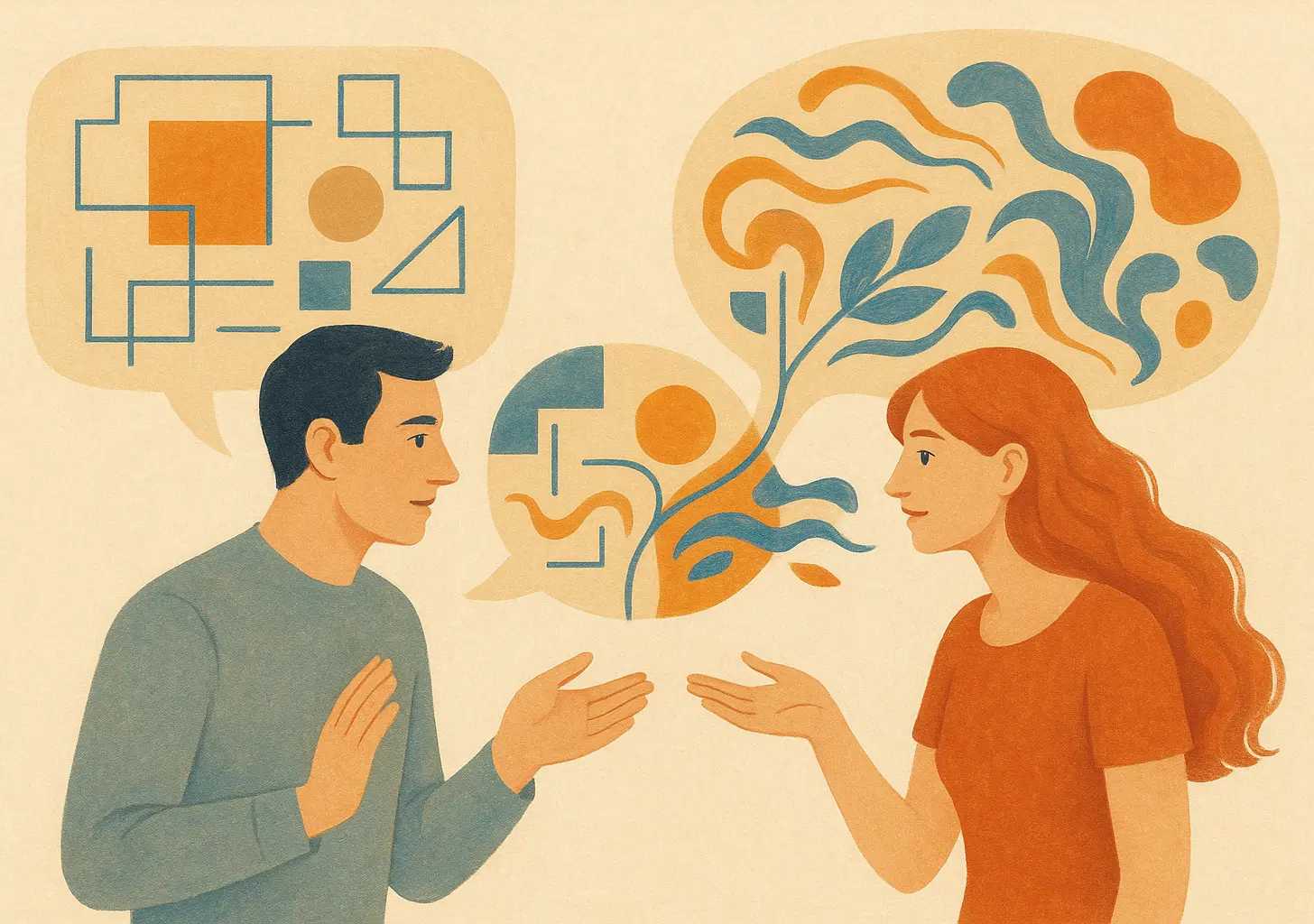 Un homme et une femme en discussion, leurs styles de communication différents représentés par des bulles de pensée complexes.
