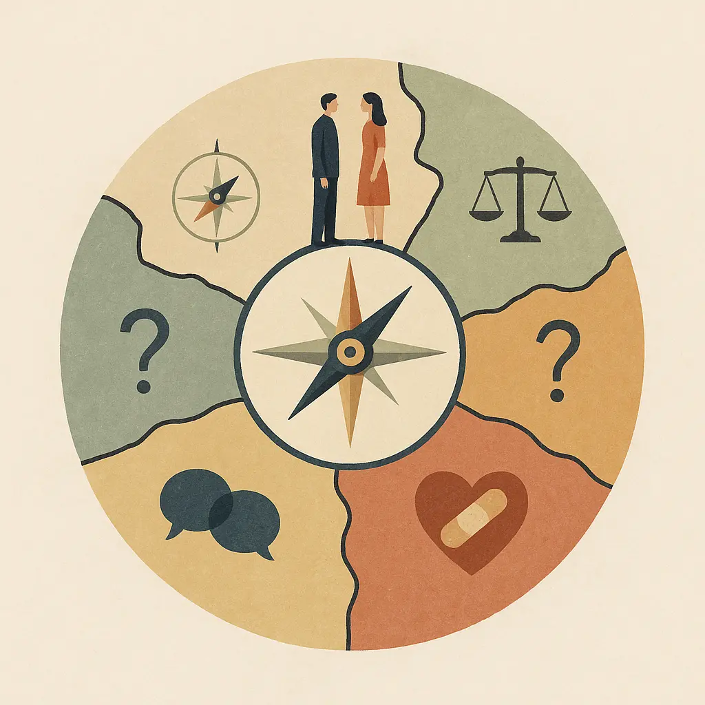 Une boussole conceptuelle illustrant les six principaux territoires de conflit relationnel : valeurs, limites, équité, etc.