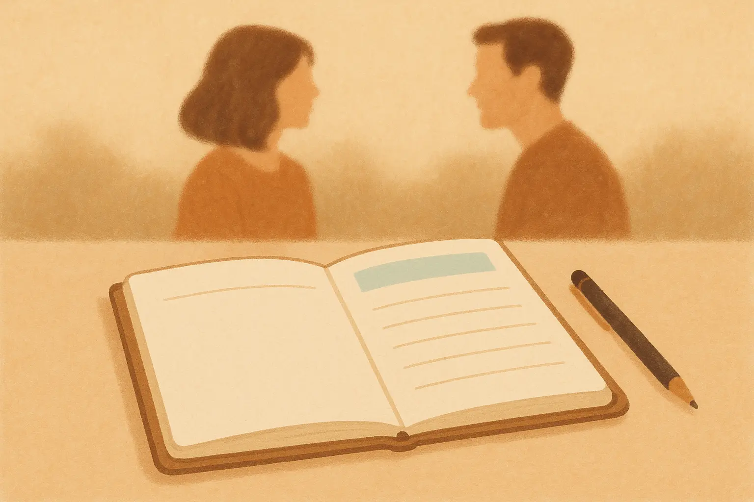 Un cahier ouvert prêt à être rempli pour le rituel, avec un couple en arrière-plan, illustrant le kit complet à télécharger.