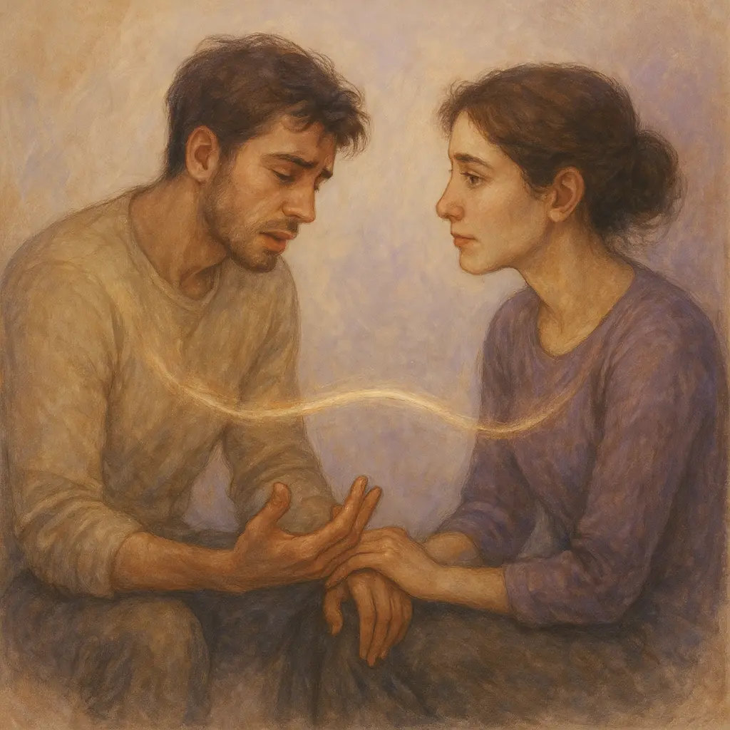 Un couple se tenant les mains, un fil de lumière les reliant, symbolisant la création d'une connexion émotionnelle profonde.