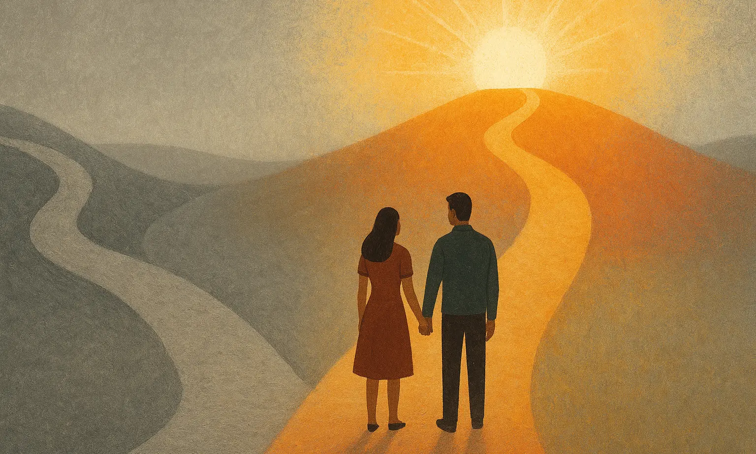 Un couple se tenant la main au début d'un chemin menant vers un avenir lumineux, symbolisant le choix conscient de la transformation.