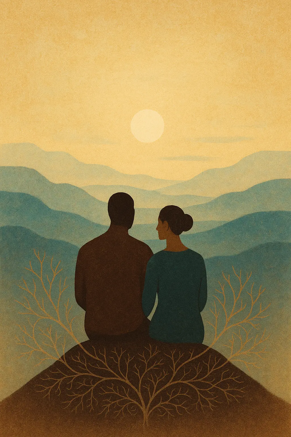 Un couple assis en harmonie au sommet d'une colline, contemplant le lever du soleil, avec des racines visibles sous eux, symbolisant la stabilité.
