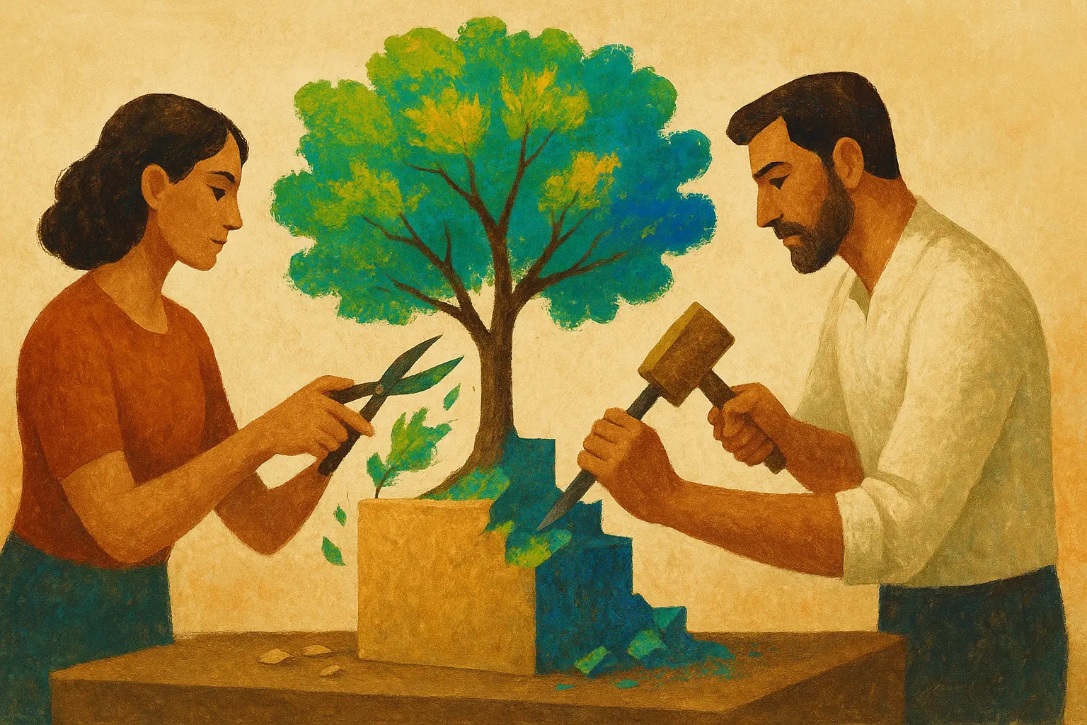 Un couple sculptant et soignant ensemble un arbre, représentant l'engagement actif et la persévérance pour faire grandir la relation.